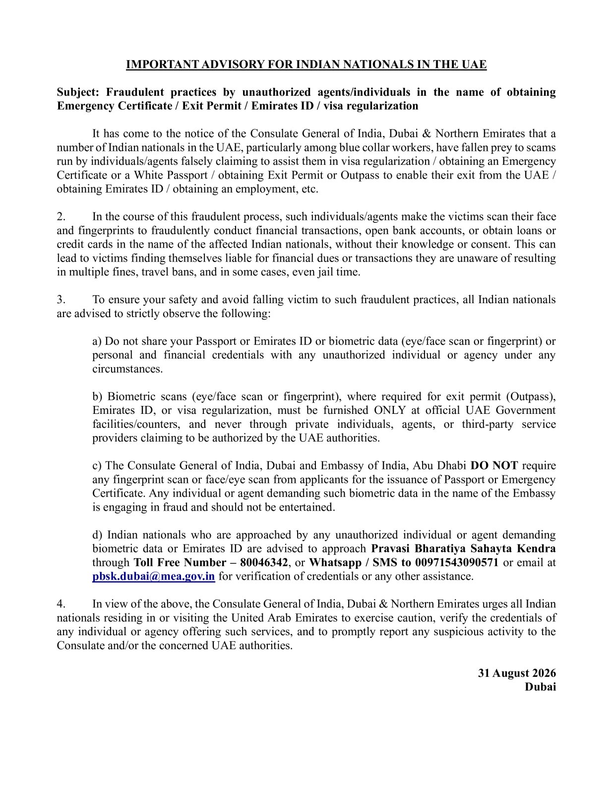 IMPORTANT ADVISORY FOR INDIAN NATIONALS IN THE UAE