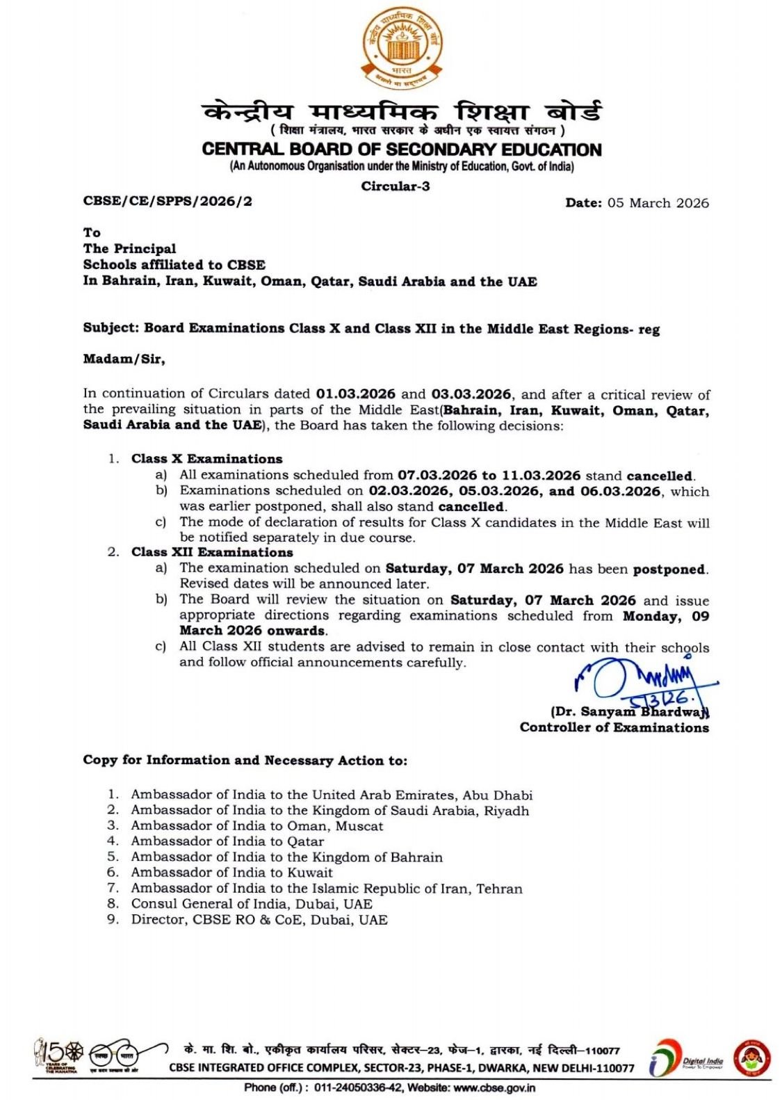 Circular 3- Board Examinations Class X and Class XII in the Middle. East Regions
