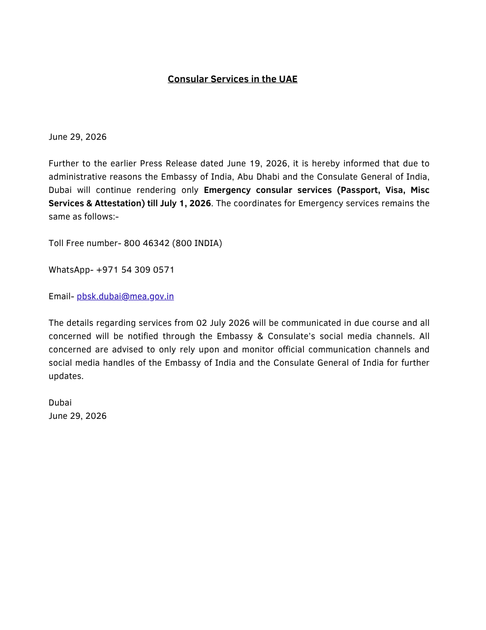 Press Release on Consular Services in the UAE