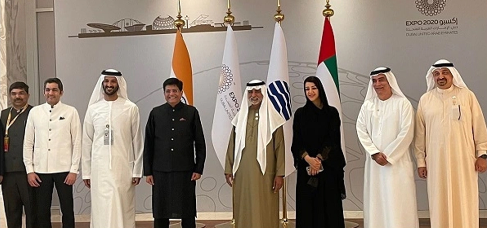 Shri Piyush Goyal, Hon'ble Minister of Commerce & Industry, Consumer Affairs & Food & Public Distribution and Textiles along with H.H. Sheikh Nahyan bin Mubarak Al Nahyan, UAE Minister of Tolerance and Coexistence at Leadership pavilion in Expo 2020 Dubai. March 29, 2022